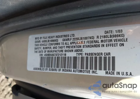 2003 Subaru Legacy L/L W/Special Edition Package z USA, uszkodzony, nr VIN 4S3BE635737212118